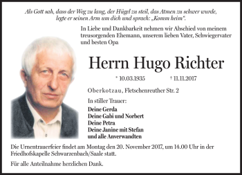 Traueranzeige von Hugo Richter von Frankenpost