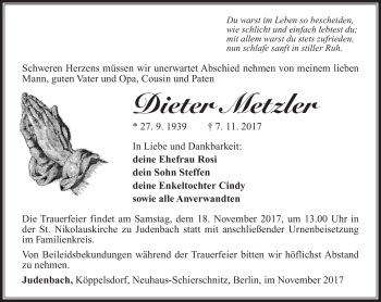 Traueranzeige von Dieter Metzler von Südthüringer Presse