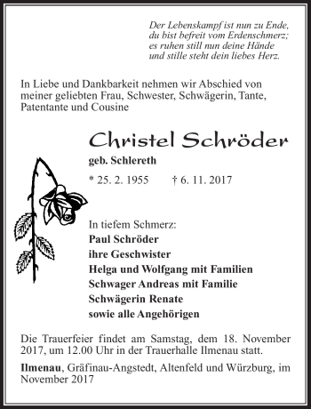 Traueranzeige von Christel Schröder von Südthüringer Presse