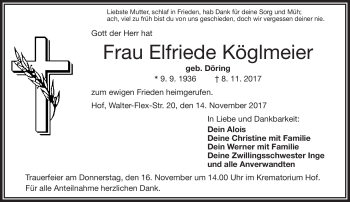 Traueranzeige von Elfriede Köglmeier von Frankenpost