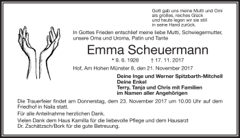 Traueranzeige von Emma Scheuermann von Frankenpost
