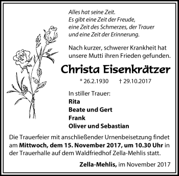 Traueranzeige von Christa Eisenkrätzer von Südthüringer Presse