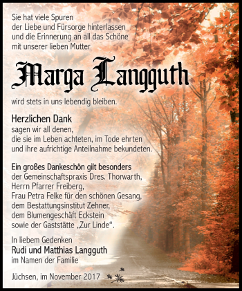 Traueranzeige von Marga Langguth von Südthüringer Presse