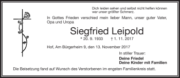 Traueranzeige von Siegfried Leipold von Frankenpost