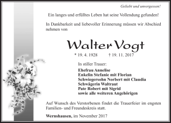 Traueranzeige von Walter Vogt von Südthüringer Presse