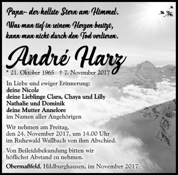 Traueranzeige von André Harz von Südthüringer Presse