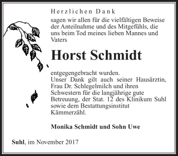 Traueranzeige von Horst Schmidt von Südthüringer Presse
