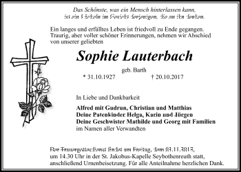 Traueranzeige von Sophie Lauterbach von Nordbayrischer Kurier