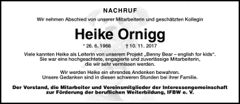 Traueranzeige von Heike Ornigg von Südthüringer Presse