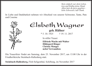 Traueranzeige von Elsbeth Wagner von Südthüringer Presse
