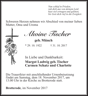 Traueranzeige von Alwine Tischer von Südthüringer Presse