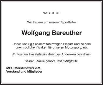 Traueranzeige von Wolfgang Bareuther von Frankenpost