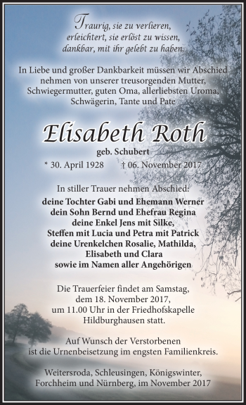Traueranzeige von Elisabeth Roth von Südthüringer Presse