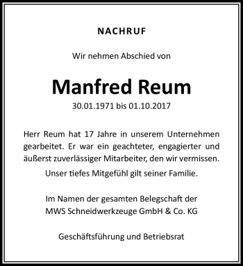 Traueranzeige von Manfred Reum von Südthüringer Presse