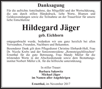 Traueranzeige von Hildegard Jäger von Südthüringer Presse