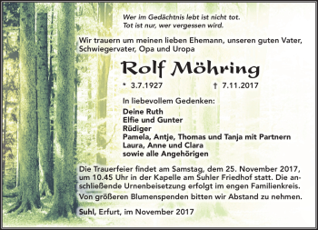 Traueranzeige von Rolf Möhring von Südthüringer Presse