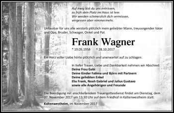 Traueranzeige von Frank Wagner von Südthüringer Presse