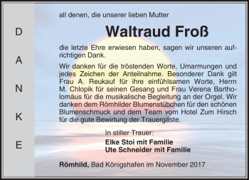 Traueranzeige von Waltraud Froß von Südthüringer Presse
