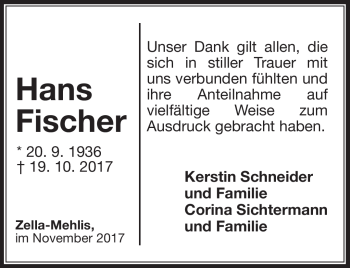 Traueranzeige von Hans Fischer von Südthüringer Presse