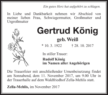 Traueranzeige von Gertrud König von Südthüringer Presse