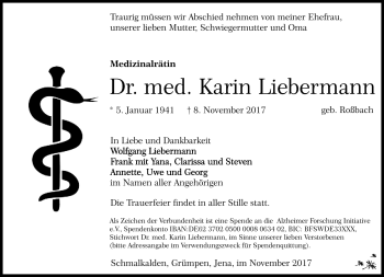 Traueranzeige von Karin Liebermann von Südthüringer Presse