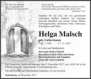 Traueranzeige von Helga Malsch von Südthüringer Presse
