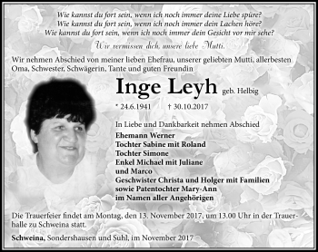 Traueranzeige von Inge Leyh von Südthüringer Presse