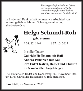 Traueranzeige von Helga Schmidt-Röh von Südthüringer Presse