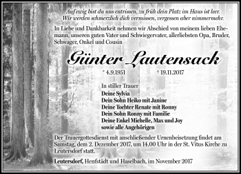 Traueranzeige von Günter Lautensack von Südthüringer Presse