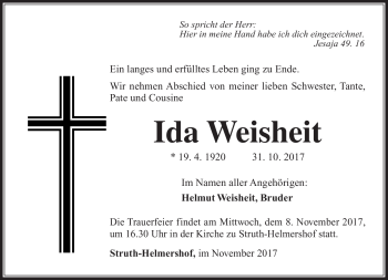Traueranzeige von Ida Weisheit von Südthüringer Presse