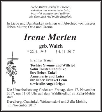 Traueranzeige von Irene Merten von Südthüringer Presse
