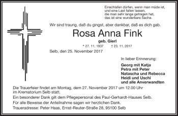 Traueranzeige von Rosa Anna Fink von Frankenpost