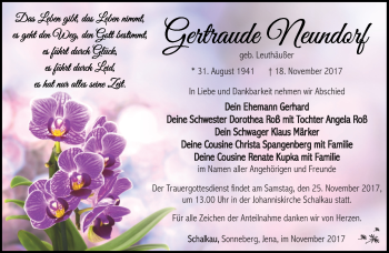 Traueranzeige von Gertraude Neundorf von Südthüringer Presse
