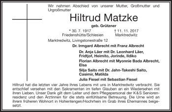 Traueranzeige von Hiltrud Matzke von Frankenpost
