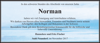 Traueranzeige von Norman Fischer von Südthüringer Presse
