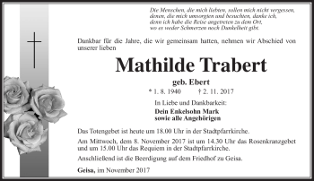 Traueranzeige von Mathilde Trabert von Südthüringer Presse
