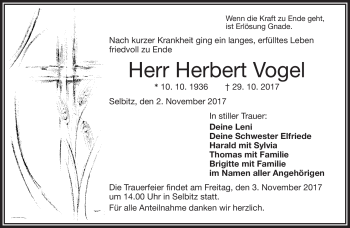 Traueranzeige von Herbert Vogel von Frankenpost