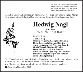 Traueranzeige von Hedwig Nagl von Südthüringer Presse