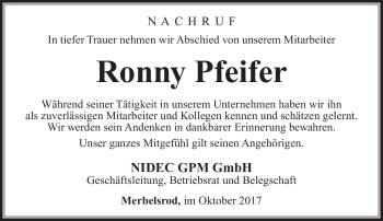 Traueranzeige von Ronny Pfeifer von Südthüringer Presse