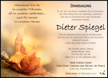 Traueranzeige von Dieter Speigel von Südthüringer Presse