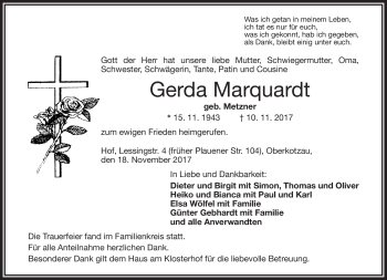 Traueranzeige von Gerda Marquardt von Frankenpost