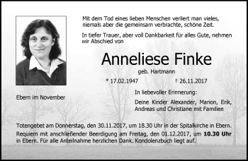 Traueranzeige von Anneliese Finke von Neue Presse Coburg