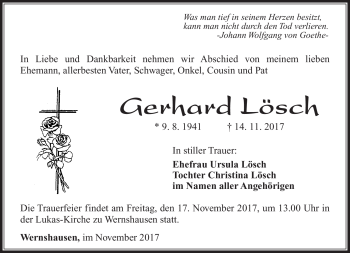 Traueranzeige von Gerhard Lösch von Südthüringer Presse