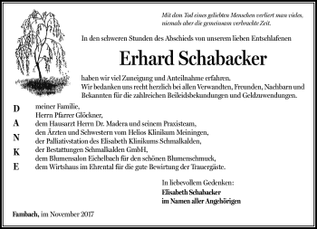 Traueranzeige von Erhard Schabacker von Südthüringer Presse