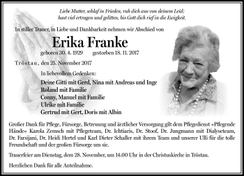 Traueranzeige von Erika Franke von Frankenpost