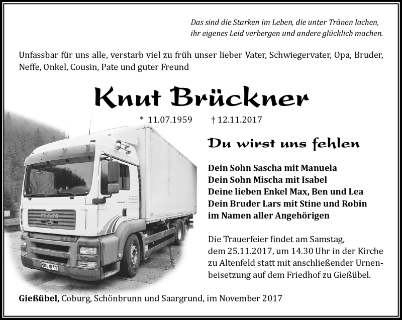  Traueranzeige für Knut Brückner vom 18.11.2017 aus Südthüringer Presse