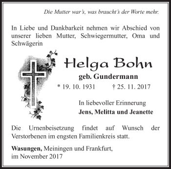 Traueranzeige von Helga Bohn von Südthüringer Presse