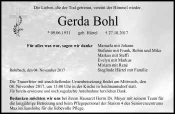 Traueranzeige von Gerda Bohl von Neue Presse Coburg