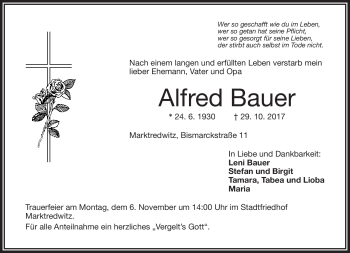 Traueranzeige von Alfred Bauer von Frankenpost