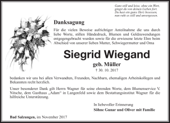 Traueranzeige von Siegrid Wiegand von Südthüringer Presse